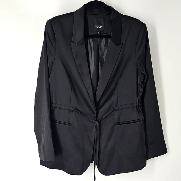 Simply Vera Black Satin Blazer w One Button Front & Drawstring Waist Belt - Picture 1 of 11